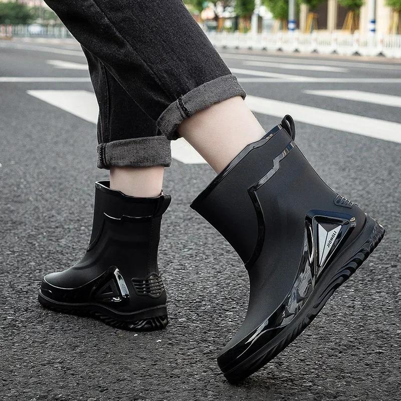 High Quality Rain Boots for Men, Drawstring Waterproof Shoes, Mid-length Anti-slip Rain Boots, Plus Fleece Rubber Boots for Work