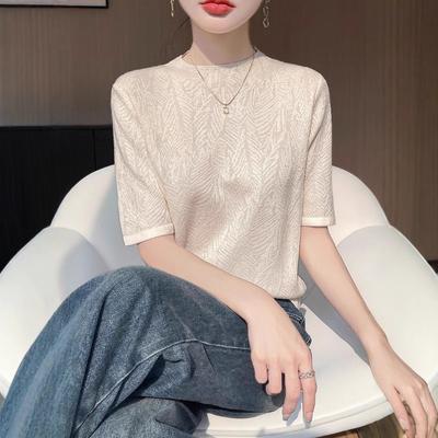 Women's Spring and Summer New Round Neck Premium Design Sense Slim Knit Short Sleeve Top T-shirt Knit Shirt