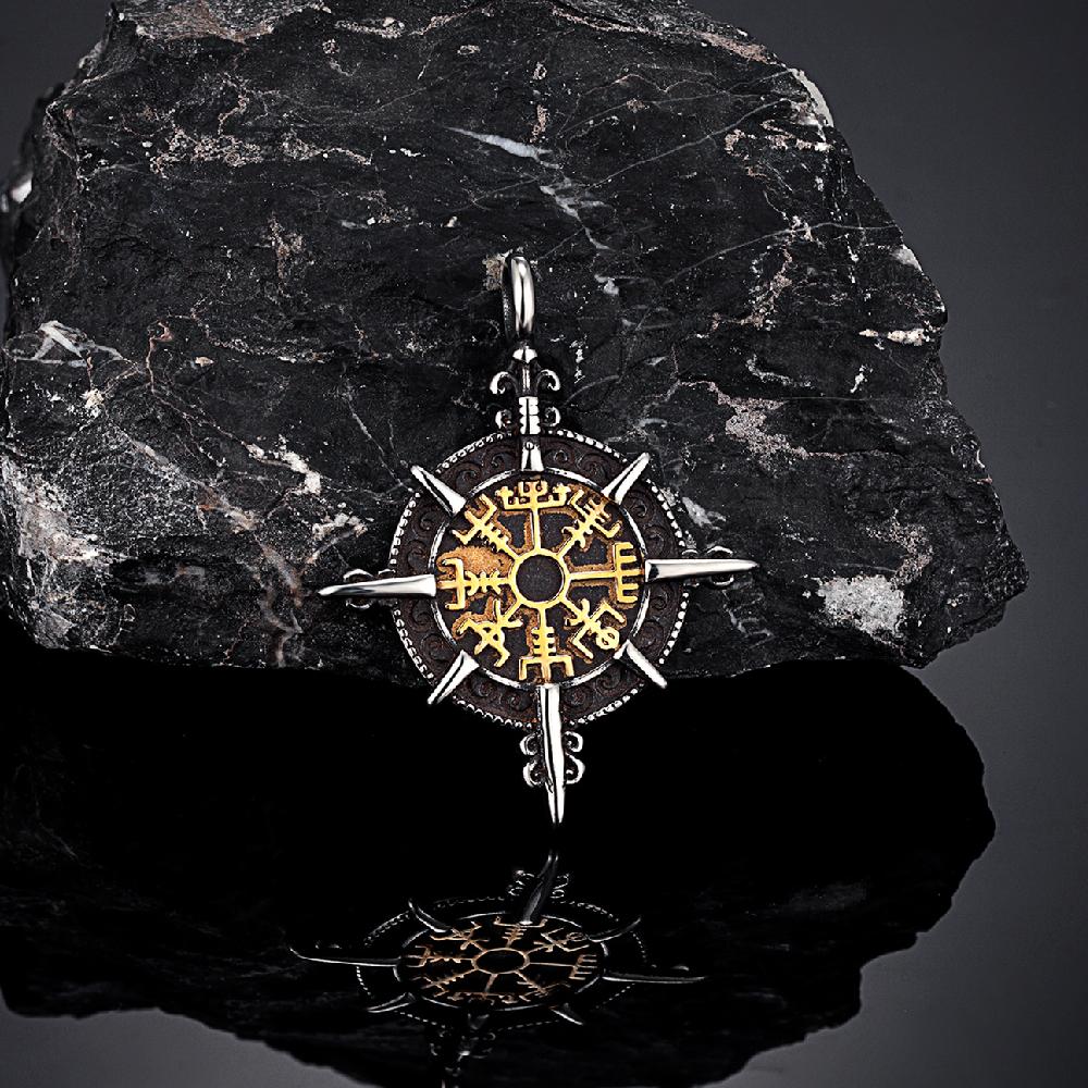 Retro Gold Vikings Compass Necklace Men Stainless Steel Norse Rune Amulet Pendant Vegvisir Jewelry