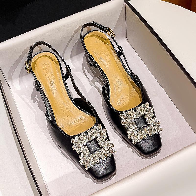 Baotou sandals women's 2025 new summer diamond buckle square head high heels French word with empty thick heel single shoes