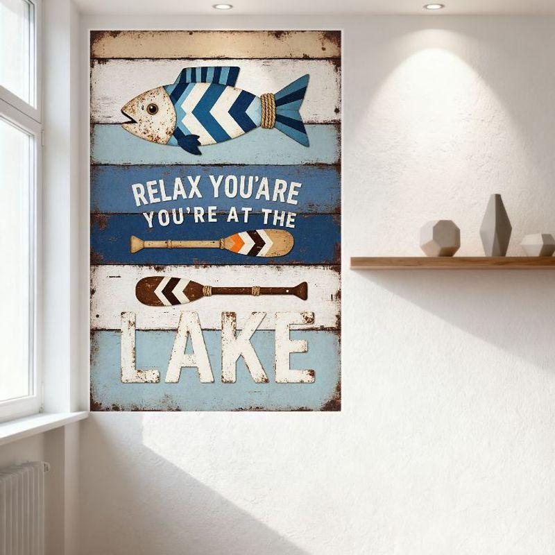 Rustic Weathered Lake Sign with Fish & Oars Tin Sign, Blue White Wooden Plank Metal Wall Decor for Bar Pub Home Cafe, Relax You’