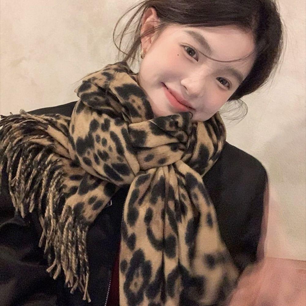 Fleece Leopard Print Scarf Thick Scarves Retro Winter Shawl Wrap  Daily Commute