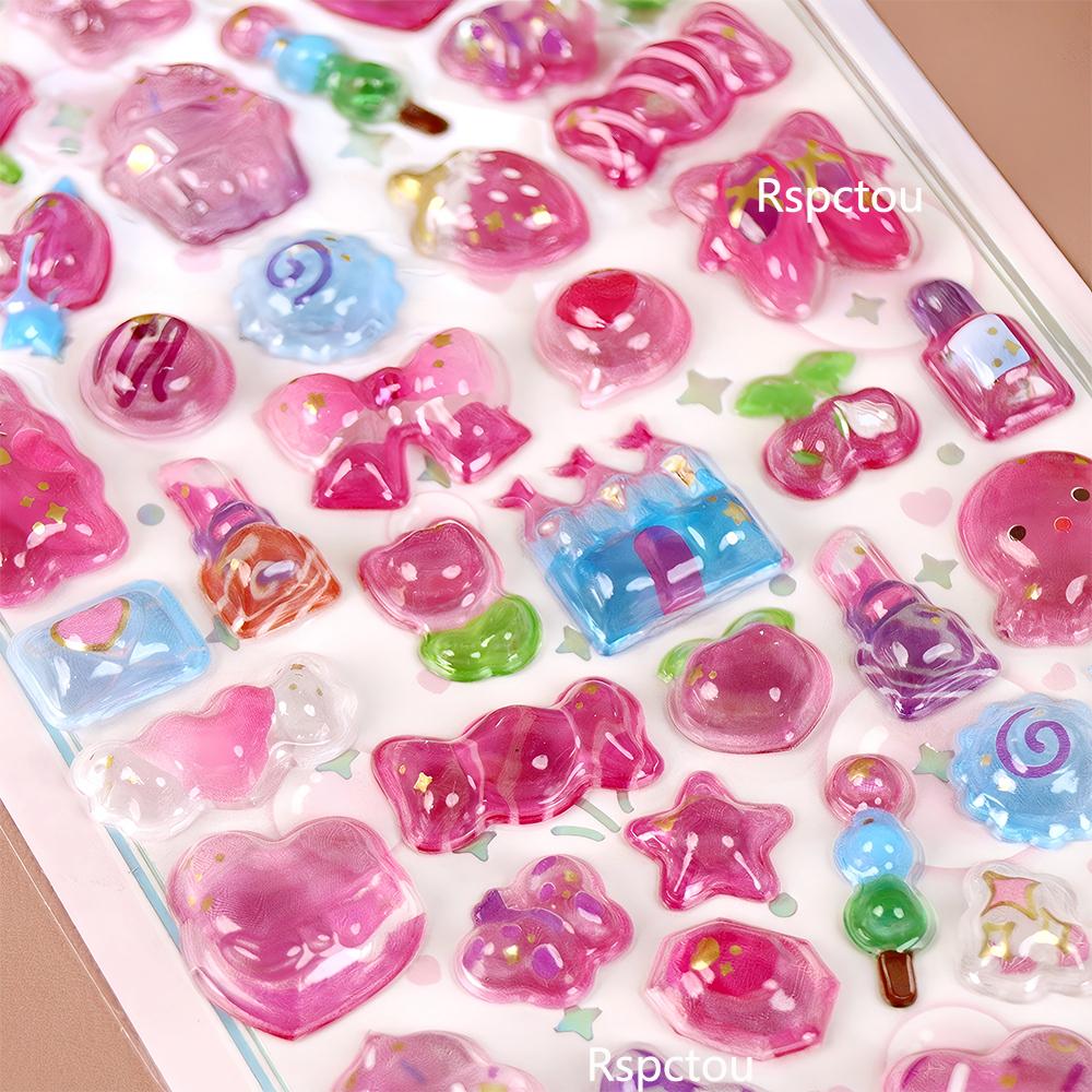 4pcs Kawaii Animal Food 3D Relief Crystal Stickers Cute Cartoon Fruit Cat Rabbit Decals Fridge Phone Notebook Sticker Decoration