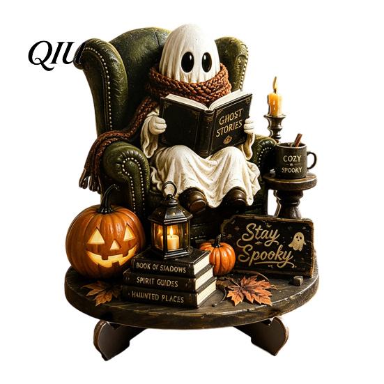 Halloween Party Tabletop Centerpieces Reading Ghost Figurine, Wooden Desktop Ornaments, Vintage Pumpkin Decor Statue with Stand for Home Fireplace