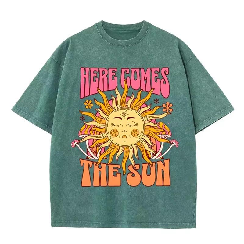 Vintage Black "Here Comes The Sun" T Shirt Retro Psychedelic Sun Acid Wash Tee