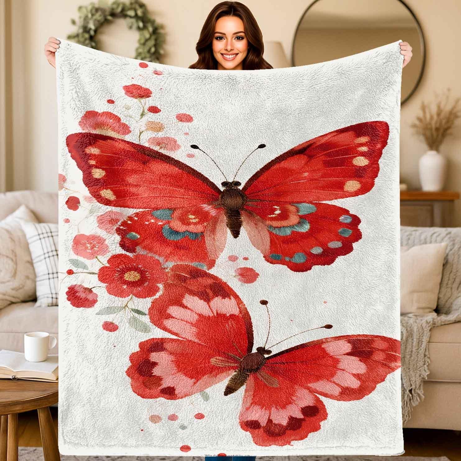 

Red butterfly pattern Flannel printed blanket suitable for all seasons suitable for living room office sofa and travel 180x250CM 75x90cm