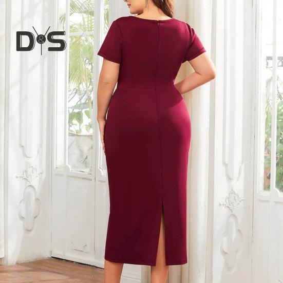 Women Dress V Neck Plus Size Short Sleeve Belted Tight Waist Solid Color Sheath Slim Fit Mid Calf Length Soft Evening Dress Formal Midi Dress