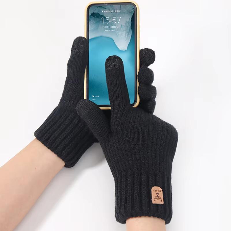 Verdickte gestrickte Wollhandschuhe für Herren Winter Warm Touchscreen Fleecegefüttert Fingerhandschuhe Mode Pendlerstil Business Schwarz