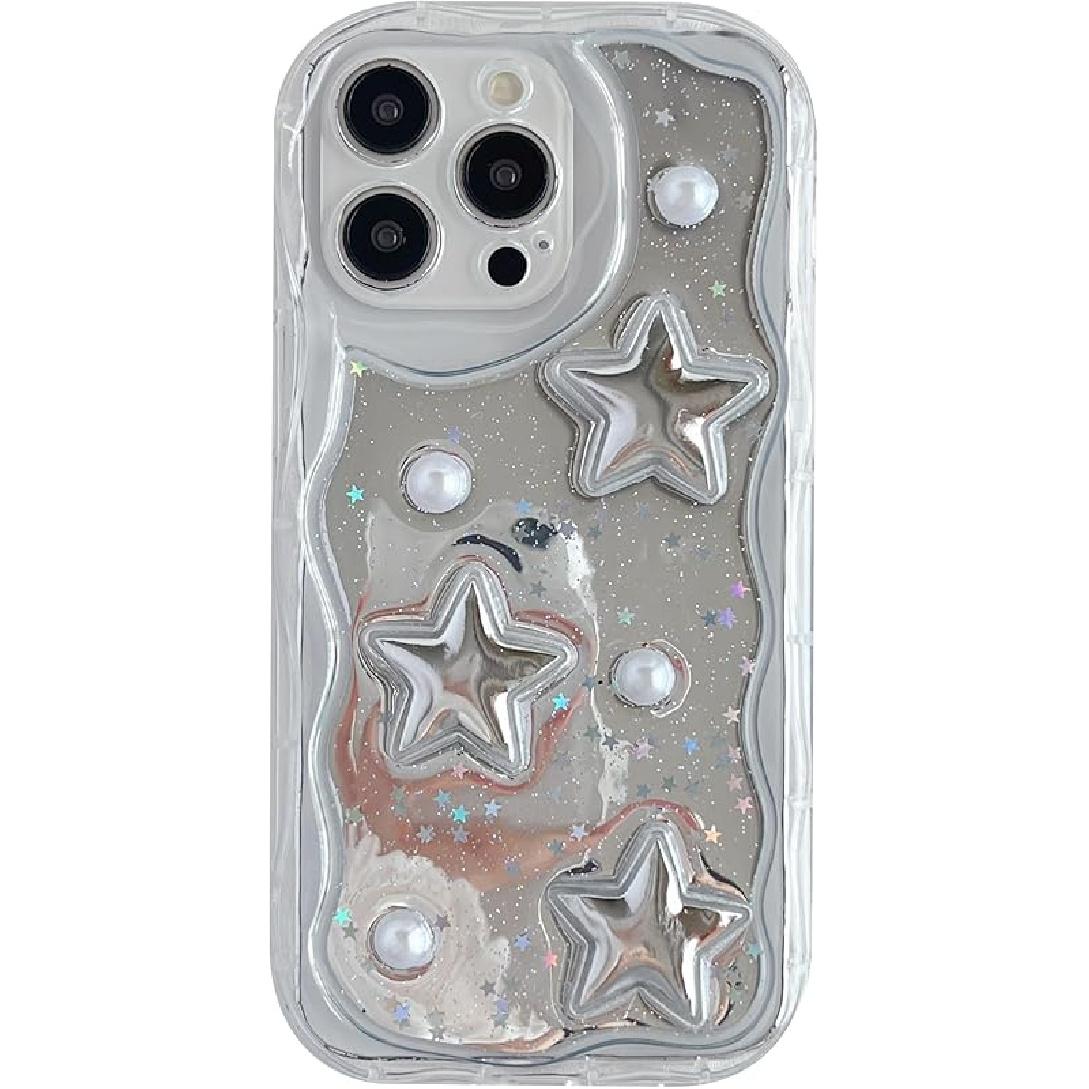 3D Stars Pearls Wavy Frame Plating Mirror Phone Case Compatible with iPhone Case for Women Girls (Clear,for iPhone 15) iPhone 11