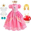 Peach Princess Costume with LED Color Light Toddler Birthday Game Role Play Dress Girl Halloween Festival Gown Pink Lace 2-9 Y C