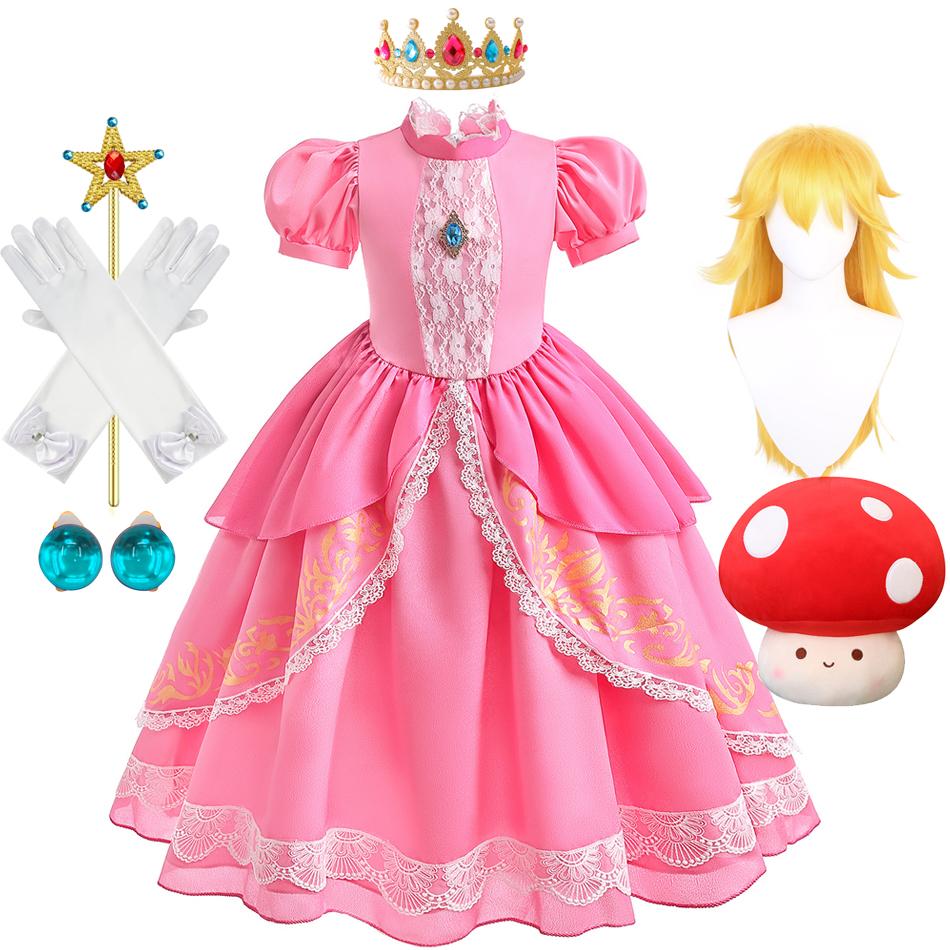 Peach Princess Costume with LED Color Light Toddler Birthday Game Role Play Dress Girl Halloween Festival Gown Pink Lace 2-9 Y C