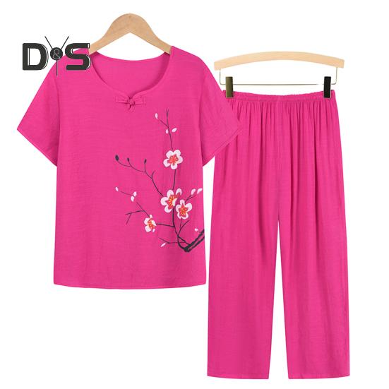 

Комплект из двух частей из хлопка и льна для пожилых женщин, свободный цветочный топ с короткими рукавами и круглым вырезом, а также широкие брюки, повседневная домашняя одежда XL розы красного