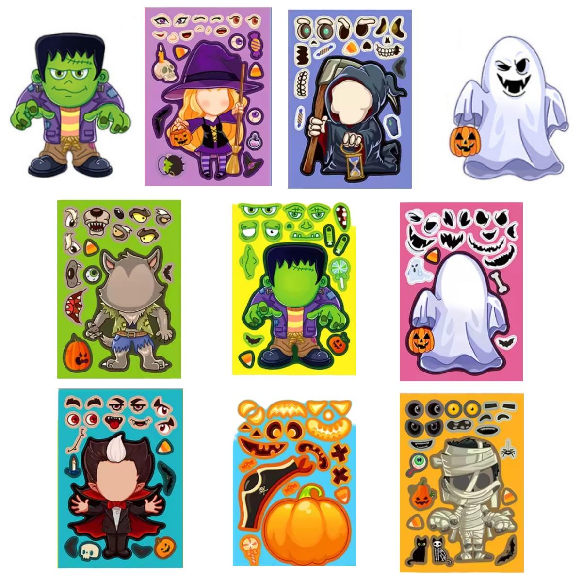 

8-48 Sheets Halloween Stickers for Make a Face Stickers DIY Puzzle Sticker Halloween Ghost Skull Pumpkin Face Assemble Stickers 11x16cm