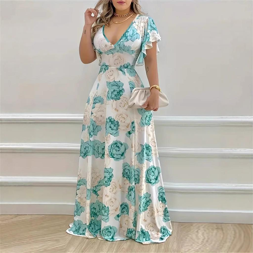 Summer V-neck Temperament Elegant Large Size Printing Dress Big Swing Dress Women's Clothing