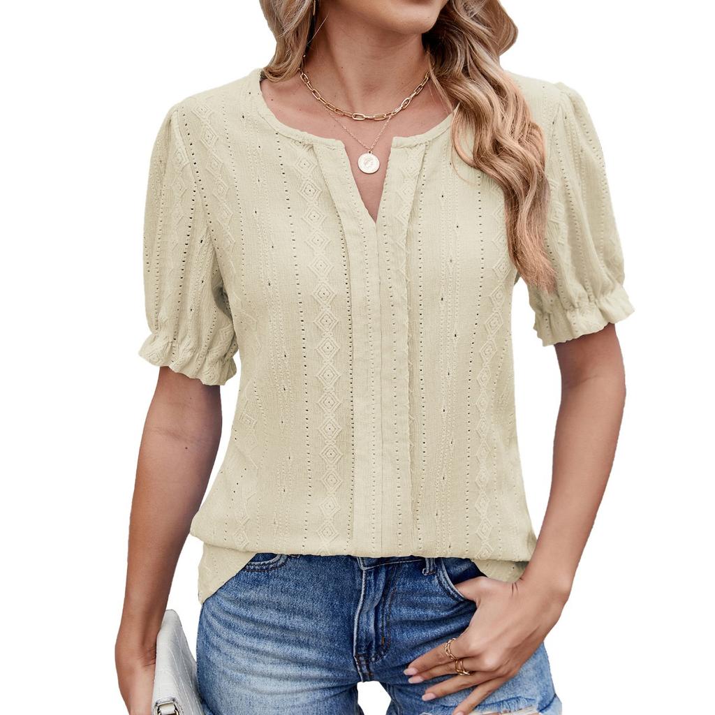 Spring Summer New Women's Solid Color V-neck Loose Puff Sleeve Jacquard T-shirt Top For Cross-border Export
