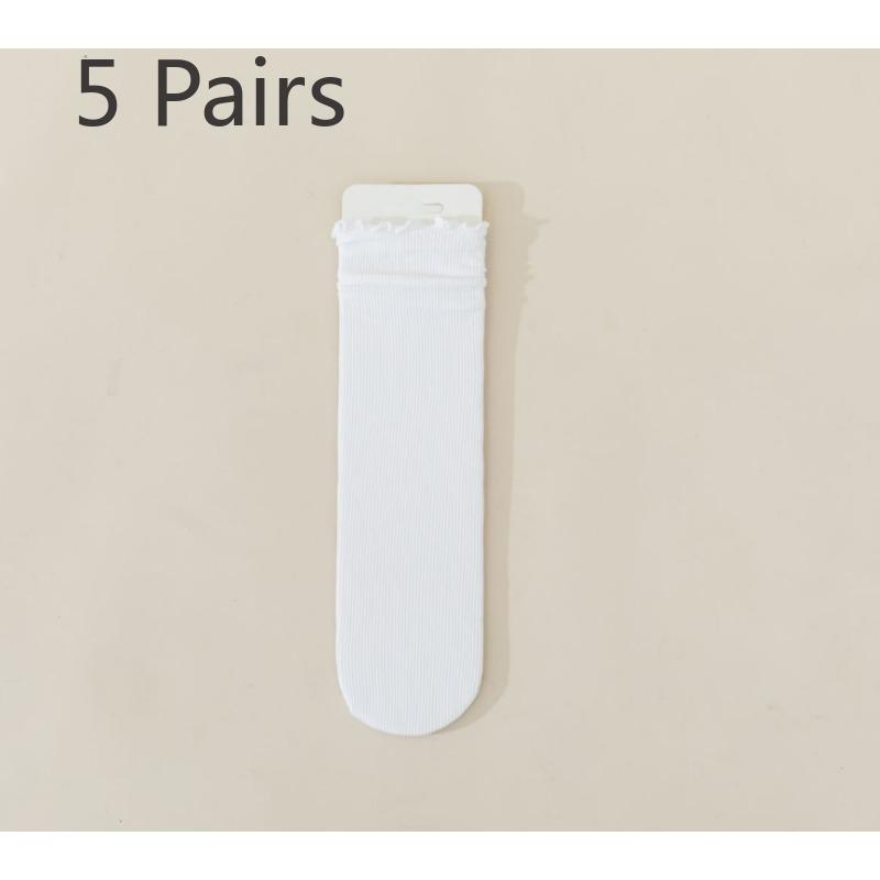 5 pairs of socks women's summer thin mid-calf black and white wooden ear edge solid colour ice ice socks velvet stacking socks