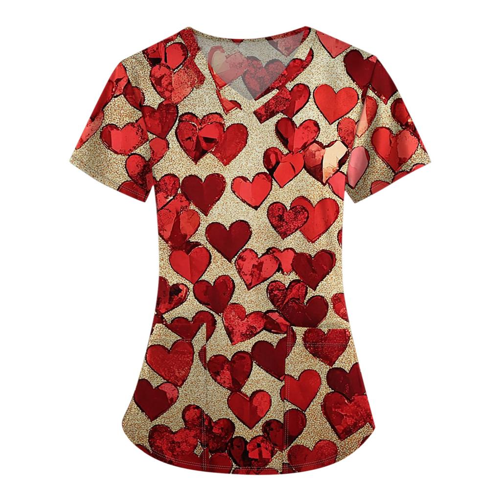 Damenmode V-Ausschnitt Kurzarm Overalls mit Tasche Valentinstag Bedruckte Oberteile Kleidung