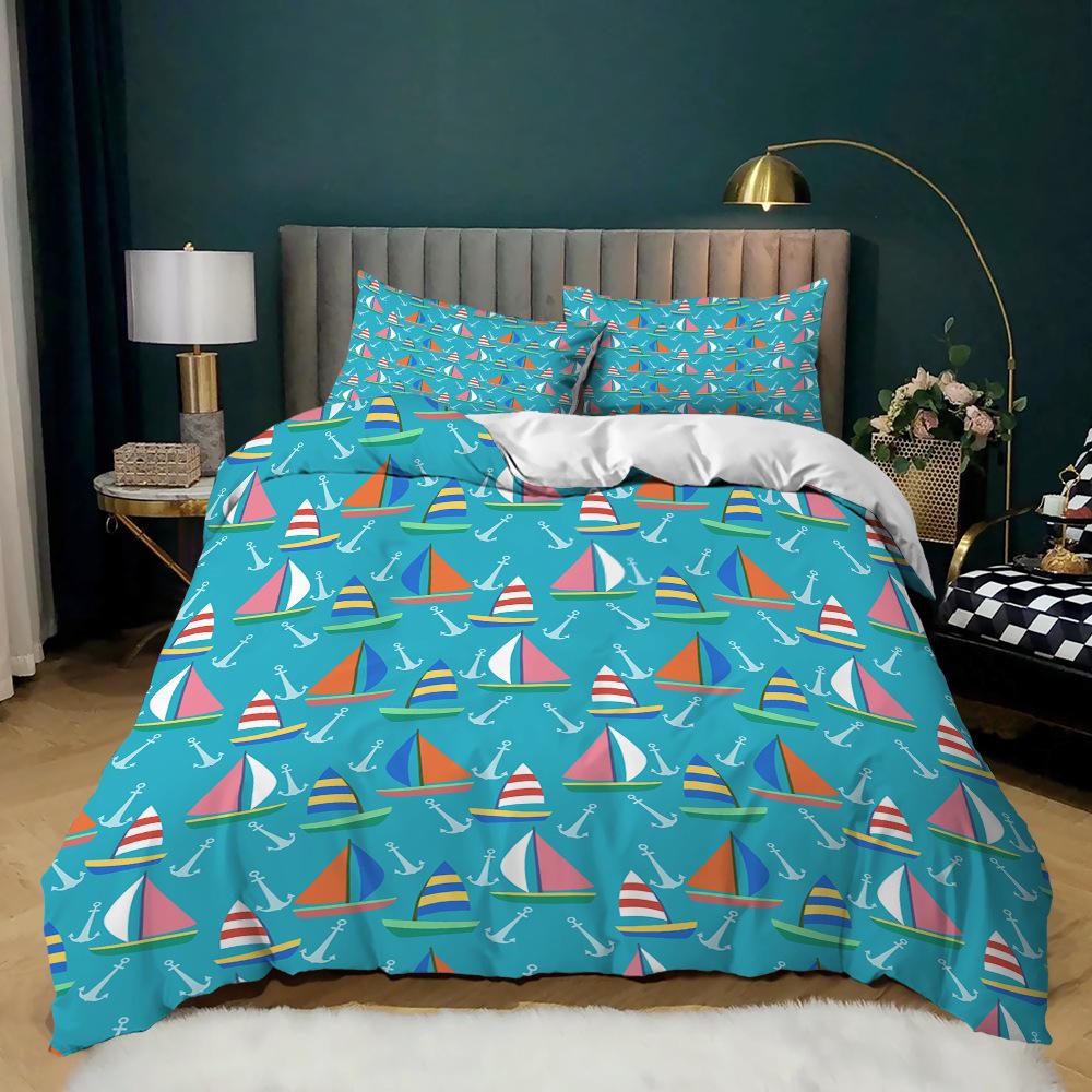 Simple And Fresh Three-Piece Cartoon Sail Kit Quilt Cover Bedding Tide