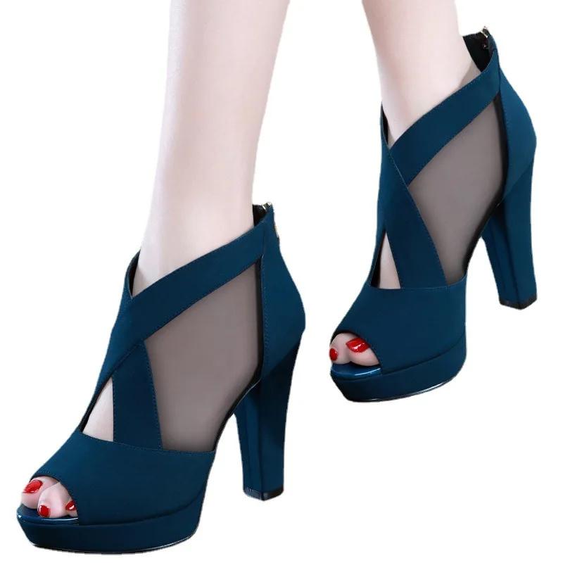 Verkäufe Damen Hohl Sandalen Frühling und Sommer Neue Mode Fisch Mund High Heels A Linie Open-toe Mesh Schuhe