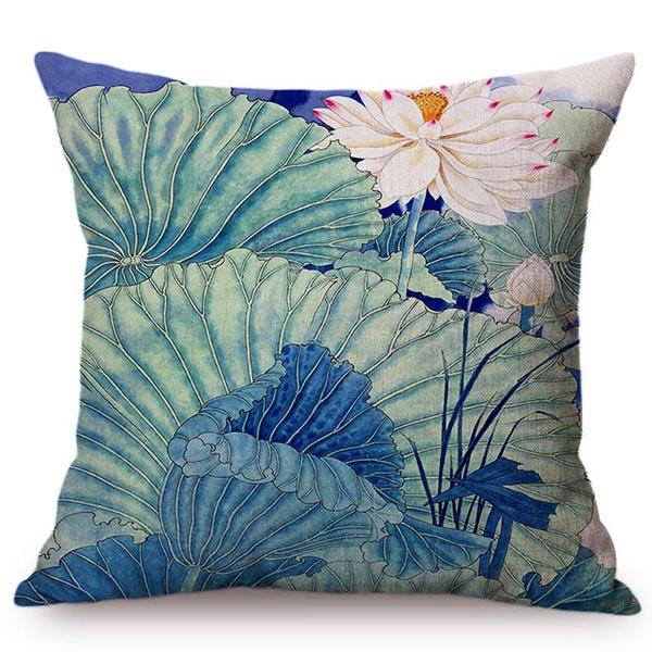 Chinese Vintage Watercolor Painting Lotus Cushion Cover Beautiful Elegant Home Decorative Summer Flowers Bird Throw Pillow Case