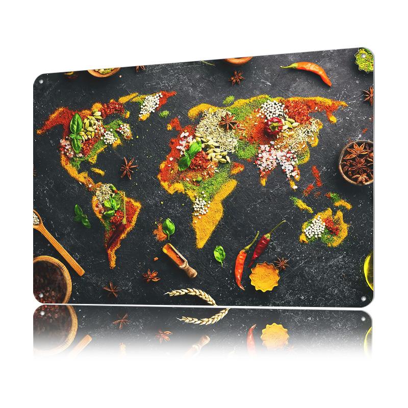 Spices World Map Metal Poster Custom Wall Art Retro Vintage Tinplate Signs for Man Cave Office Decor Home Decorations House Room