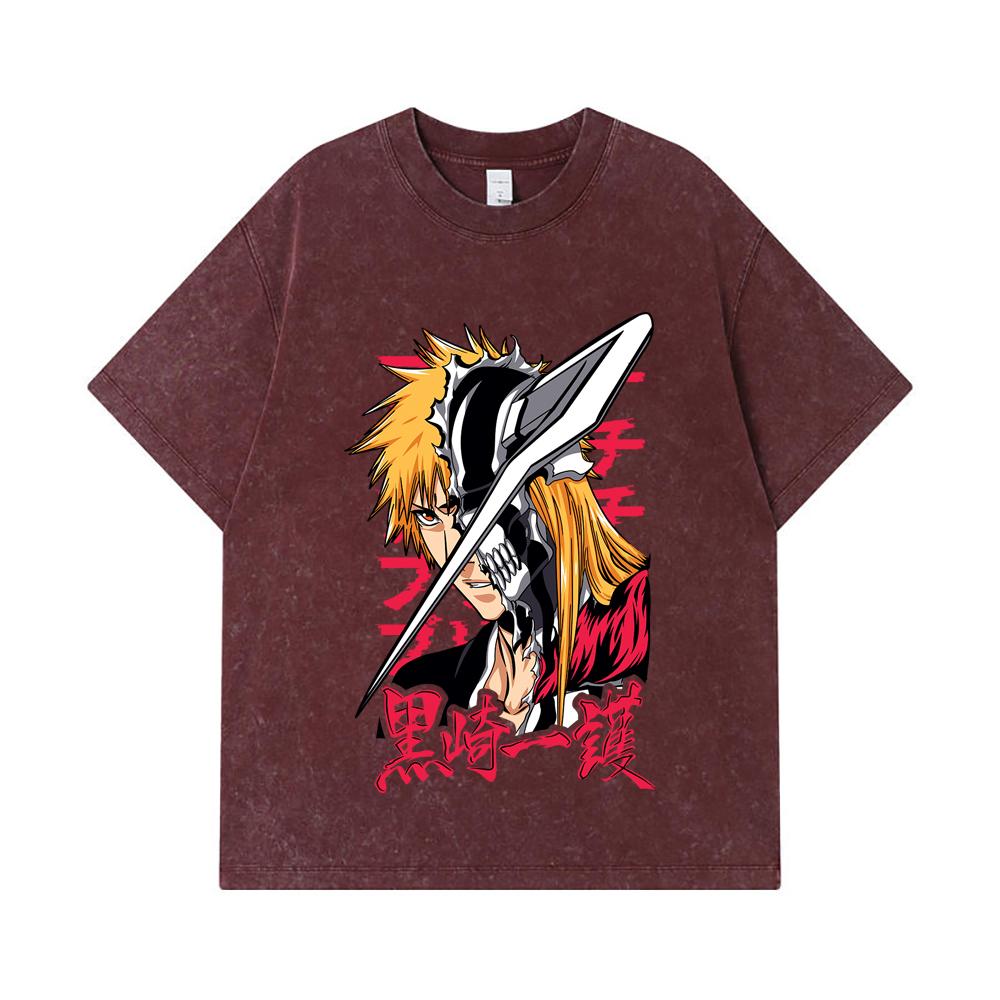 275 GSM Washed T-shirts 100% Cotton Bleach V4 Ichigo Print Unisex Heavy Cotton T Shirt