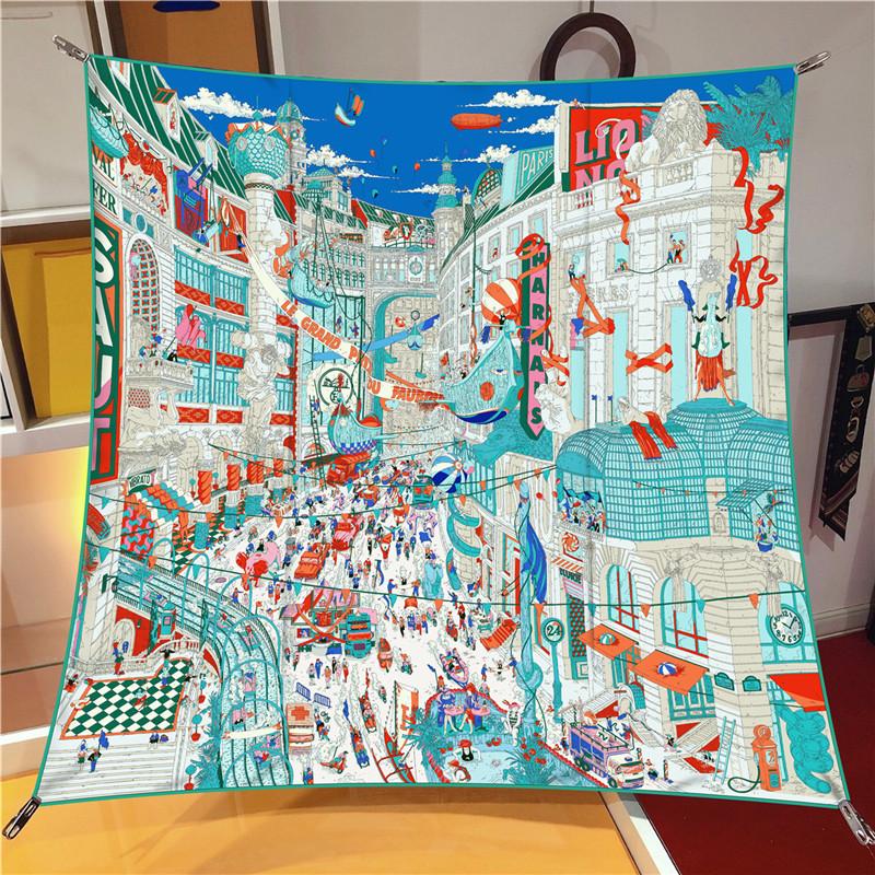 Silk Scarf Women City Street Print Square Scarves Head Echarpes Silk Foulards Femme Wraps Beach Shawl Bandana Lady Hijabs 90CM