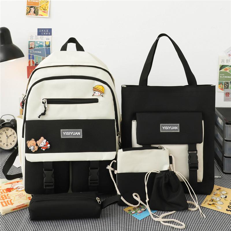 School Bag New Five-piece Set, Primary School Students, Middle School Students, School Bags, Women's Contrasting Colors