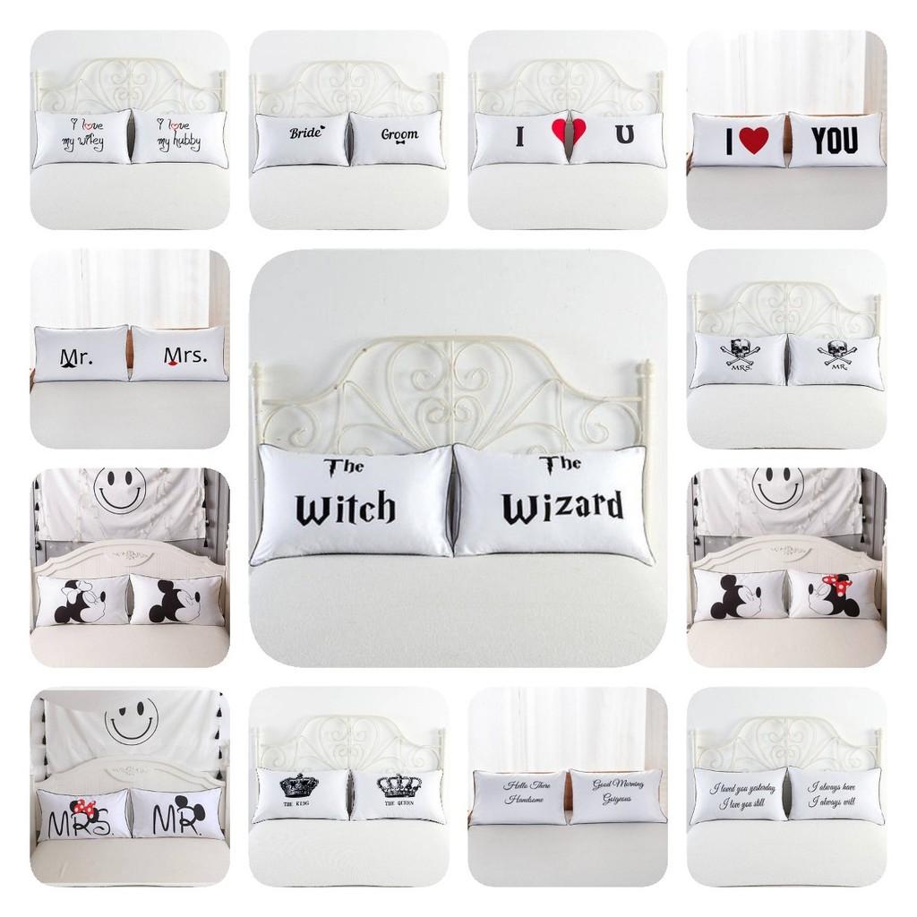 Elegant White Polyester Pillowcase For Couples Featuring Love Designs And Crown Patterns Ideal For King Queen Beds