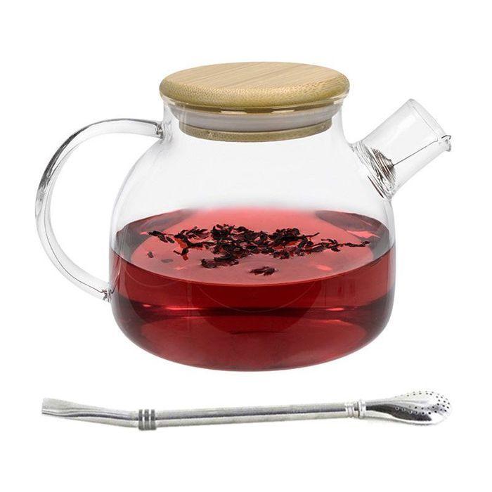 1 L Glass and Bamboo Teapot + Stainless Steel Straw with Filter
