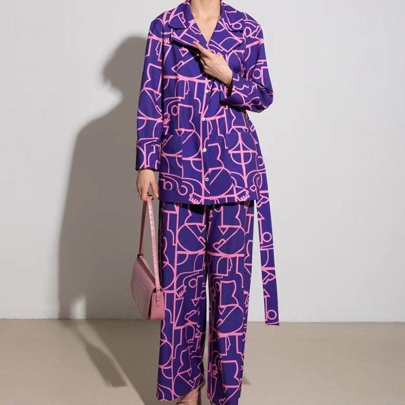 

Fashion Loose Print Top and Trousers Homewear Suit Printed Top and Trousers Suit Purple S