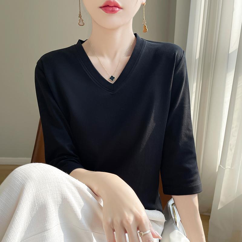 Spring Summer Cotton V-neck T-shirt Short-Sleeved Women's Half-Sleeve Bottoming Shirt High-End Cropped Sleeve Top