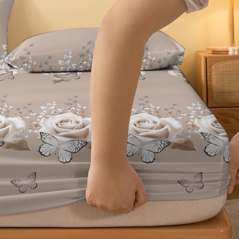1 Simple Modern Plant Flower Butterfly Printed Matte Fitted Sheet, Bedroom Printed Bed Cover, Bedding (Excluding Pillowcases)