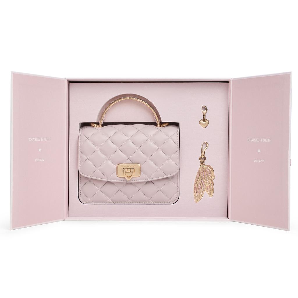 Charles & Keith Gift Box Style With Wing Chain Bag Quilted Small Square Bag Women Handbags Cotton-Candy-Pink CK17-50701608-A