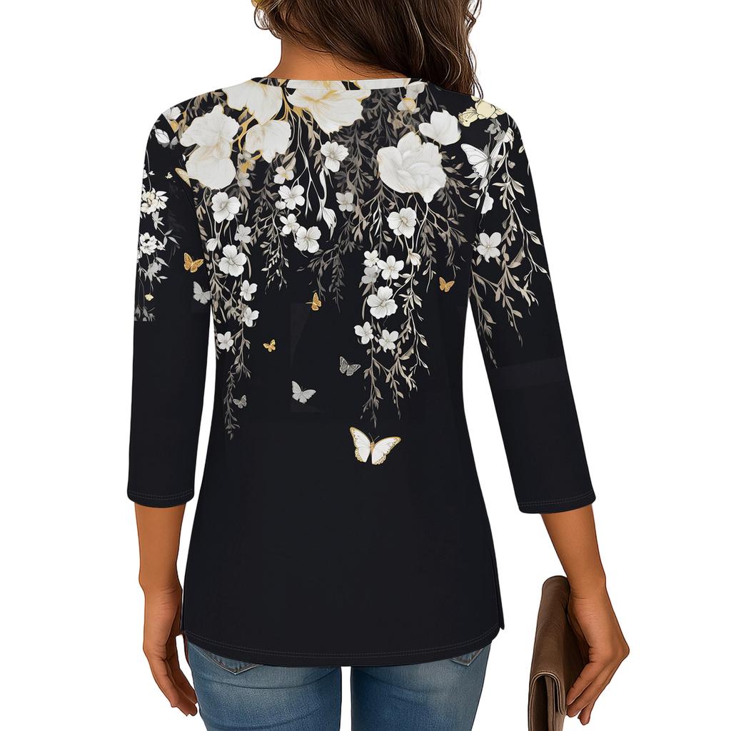 3/4 Sleeve Shirts For Women  Print Graphic Tees Blouses Casual Plus Size Basic Tops Pullover