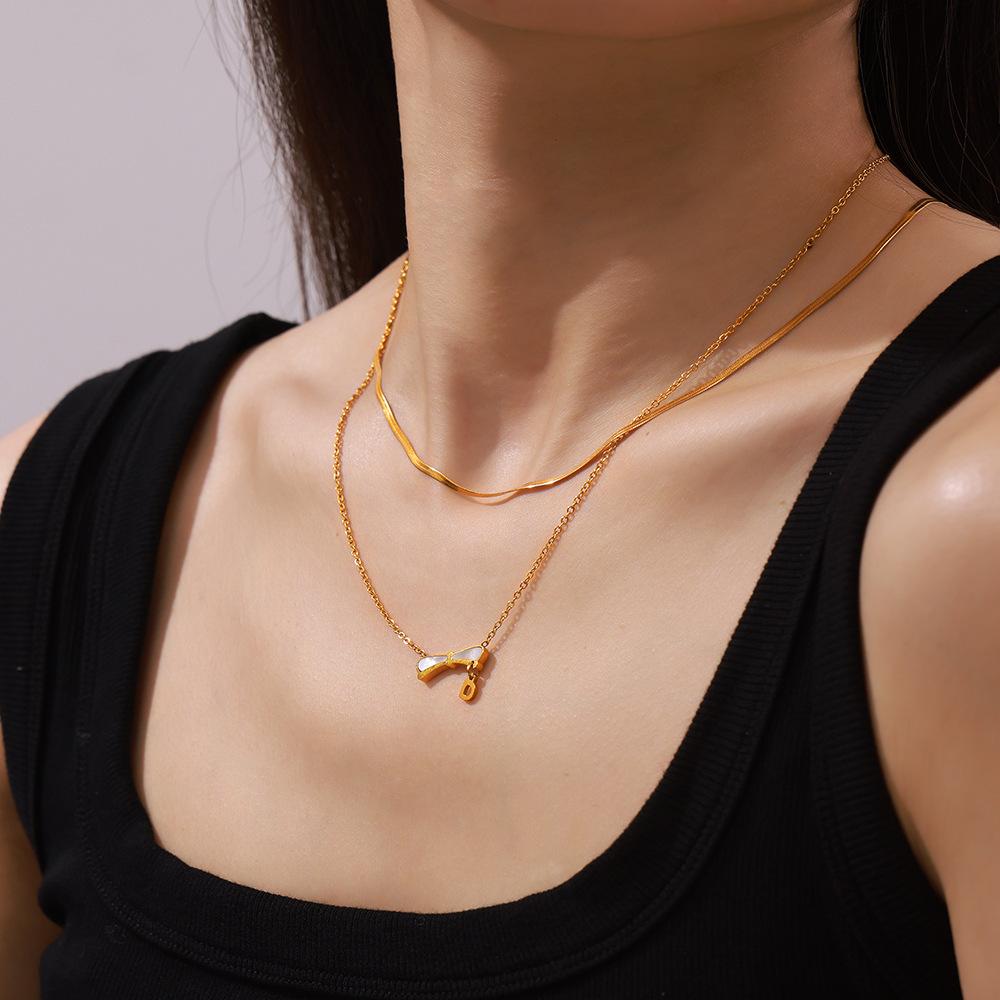 Retro Shell Bow Titanium Steel Gold-Plated Necklace Temperament Elegant Collarbone Chain Light Luxury Design Sense Necklace Decoration Women