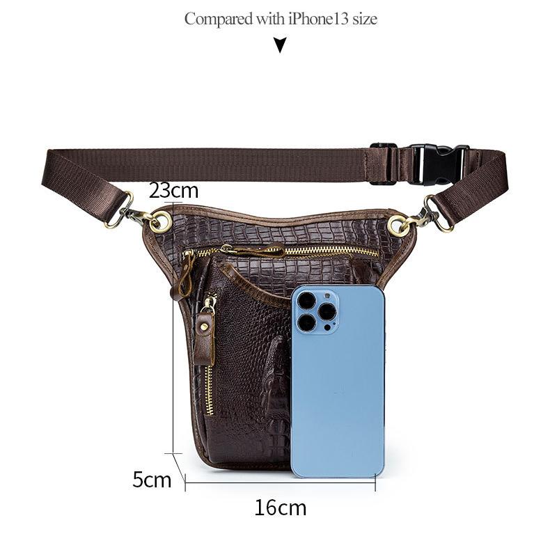 Men Vintage Crocodile Grain Top Grain Genuine Leather Motorcycle Thigh Leg Bag Multifunctional Waist Hip Fanny Pack For Riding