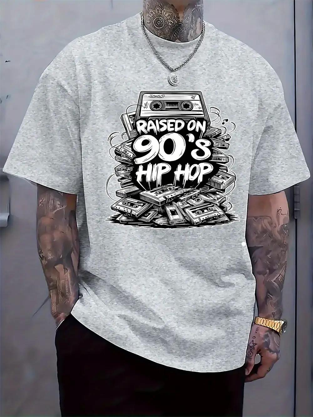 

90 s Hip-Hop Graphic Print T-shirt - Retro I Raised on 90 s Hip-Hop Design with Cassette & Vinyl Records S