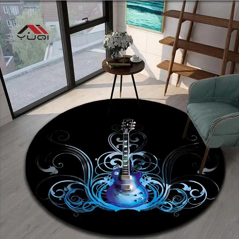 Guitar Music Round Area Rug – Soft Non-Slip Floor Mat for Living Room or Bedroom – Musical Pattern Carpet, 5 Sizes Available