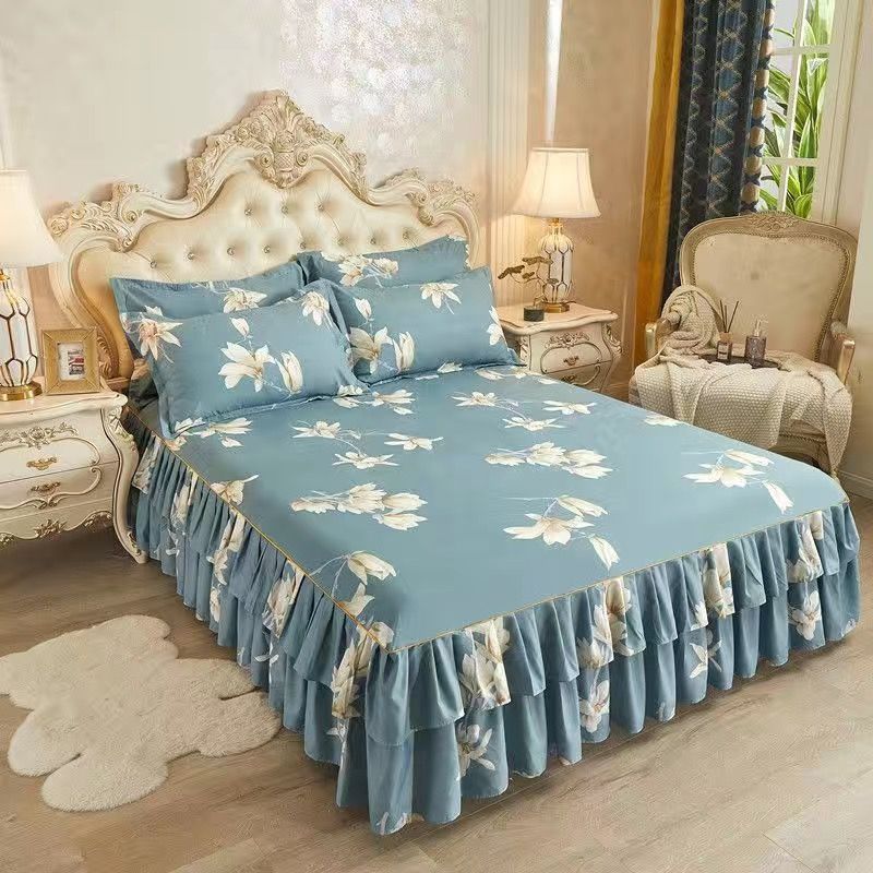 Floral Pattern Bed Skirt Set Mattress Anti Slip Protective Cover for Household Bedding Double Layered Skirt Dustproof Bed Cover