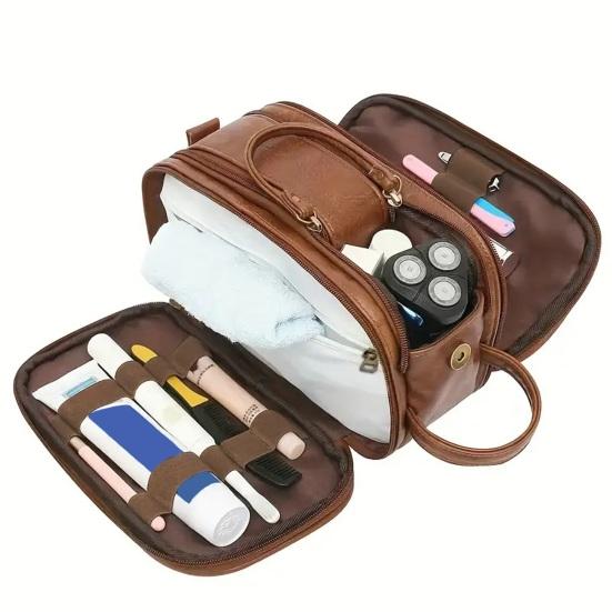 Faux Leather Toiletry Bag Large Water-resistant Bathroom Shaving Pouch Travel Grooming Organizer for Men Women