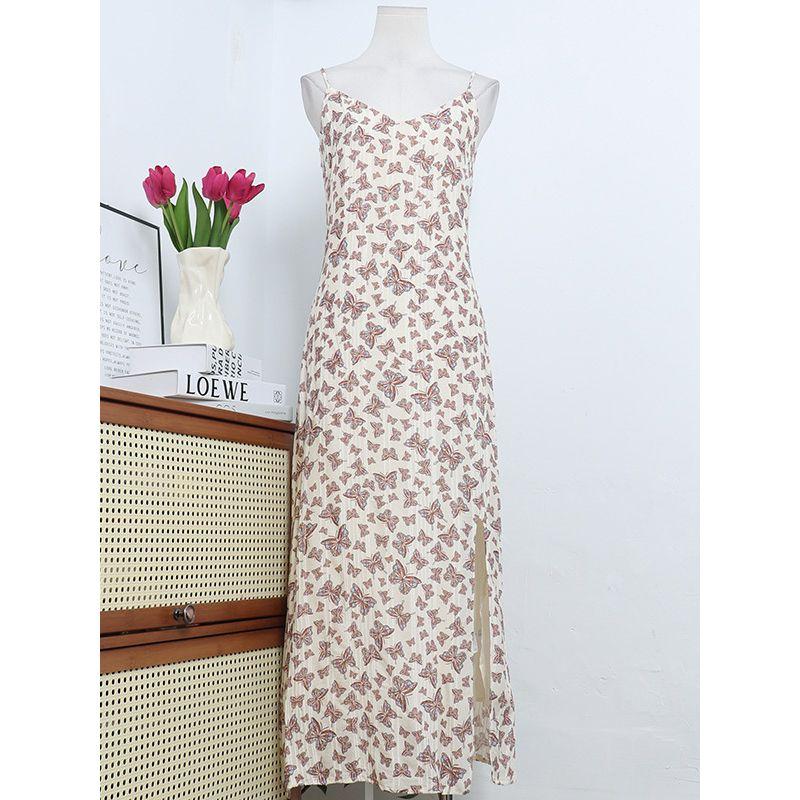 American Single Design Butterfly Printed Sexy Open Back Split Sling Long Dress Silm Holiday Beach Dress Dress