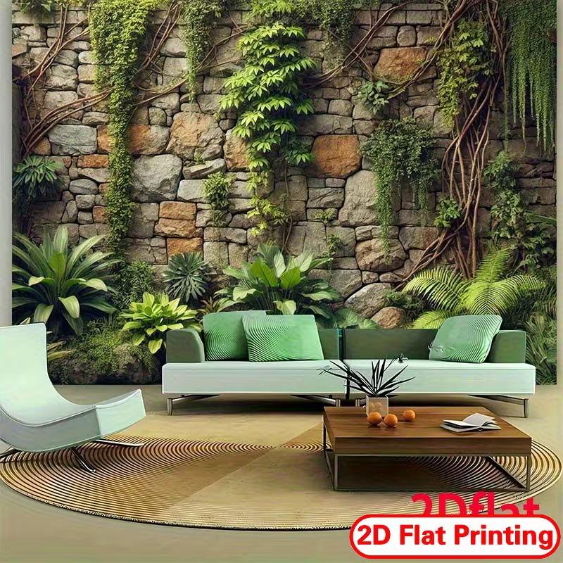 2D Natursteinwand mit Efeu und tropischen Pflanzen Wandteppich, Fotografie-Hintergrund