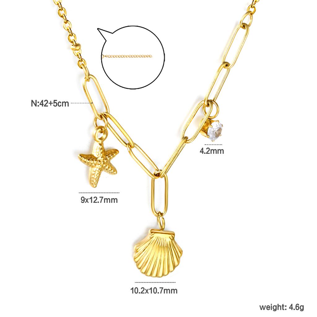 18K Gold PVD Stainless Steel Ocean Charm Necklace Set Shell Starfish Pearl Snake Layered Waterproof Jewelry for Women