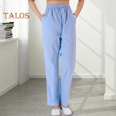 Summer Nurse Pants Mid-rise Elastic Waist Wide Leg Long Trousers Solid Color Pockets Women Work Pants