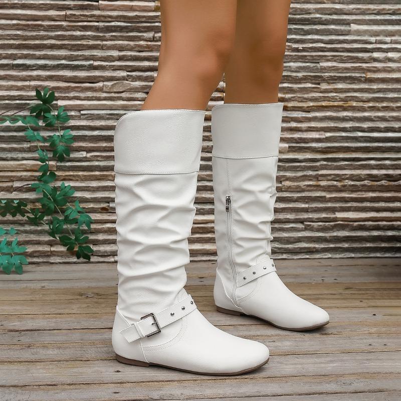 Women's Autumn-Winter Retro Fashion Pull-On Long Boots With Belt Buckle, Round-Toe Style, Available In Large Sizes.