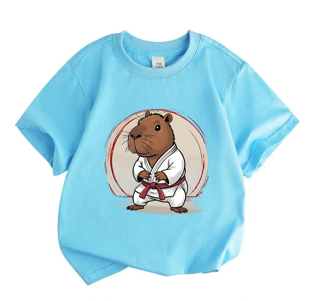 Kids Boys Girls 100% Cotton Crew Neck Short Sleeve T-Shirt, Cute Capybara Karate Martial Arts Graphic Casual Tee for Children Daily Wear