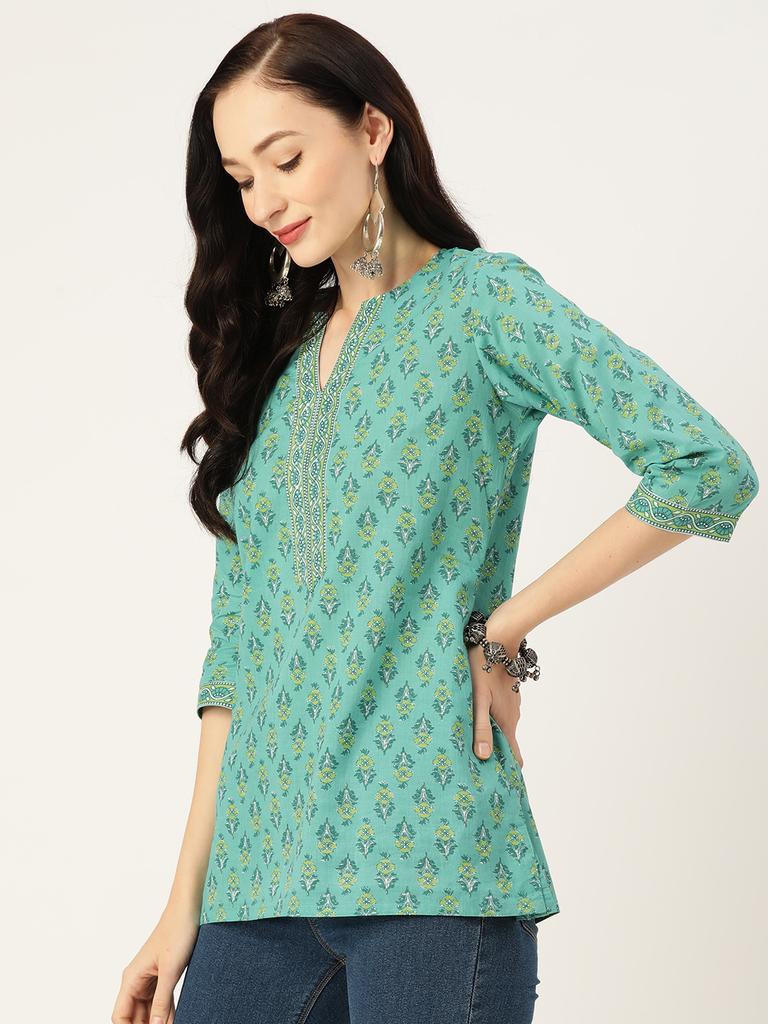 Sea Green Printed Cotton Kurti