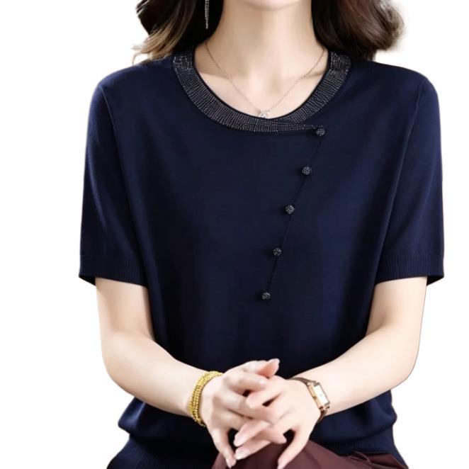 Elegant Women's Dark Blue Lyocell Short Sleeve T-Shirt, 2026 Summer Collection