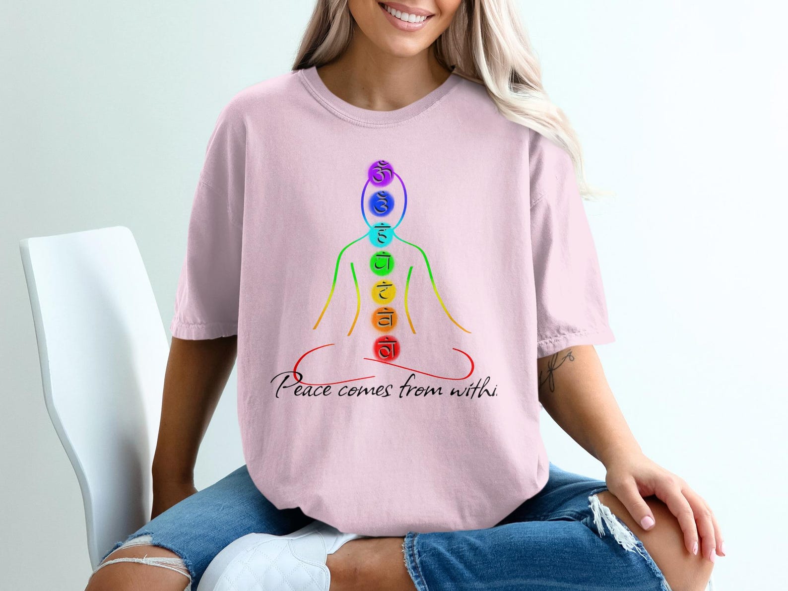 Chakra T-Shirt, Om Symbol Meditation Yoga Tee, Peace Quote Mindfulness Shirt 3XL